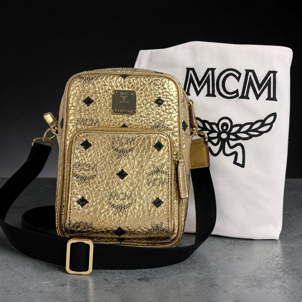 MCM Berlin Gold Visetos Mini Crossbody Camera Bag Metallic Leather + Dust Bag